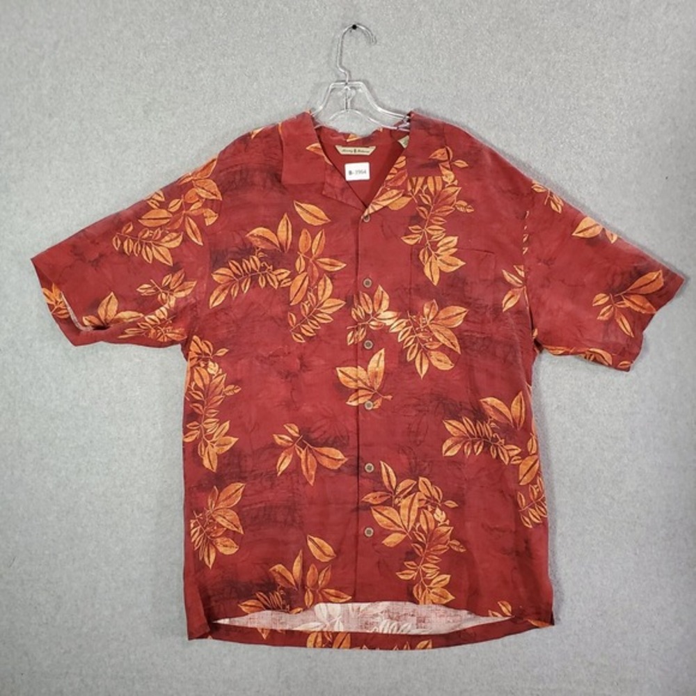 Tommy Bahama Men Button Up Shirt Large Red Leaf Print 100% Silk Summer Collar